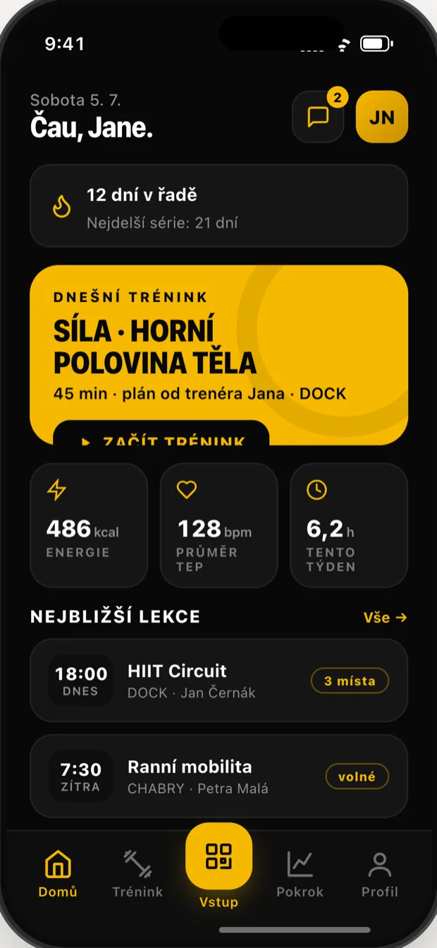 DreamFit app — domovská obrazovka
